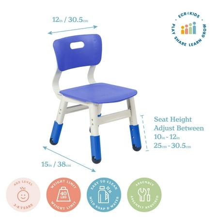 ECR4Kids Resin Classroom Chairs with Adjustable Seat Height 2-Pack Blue
